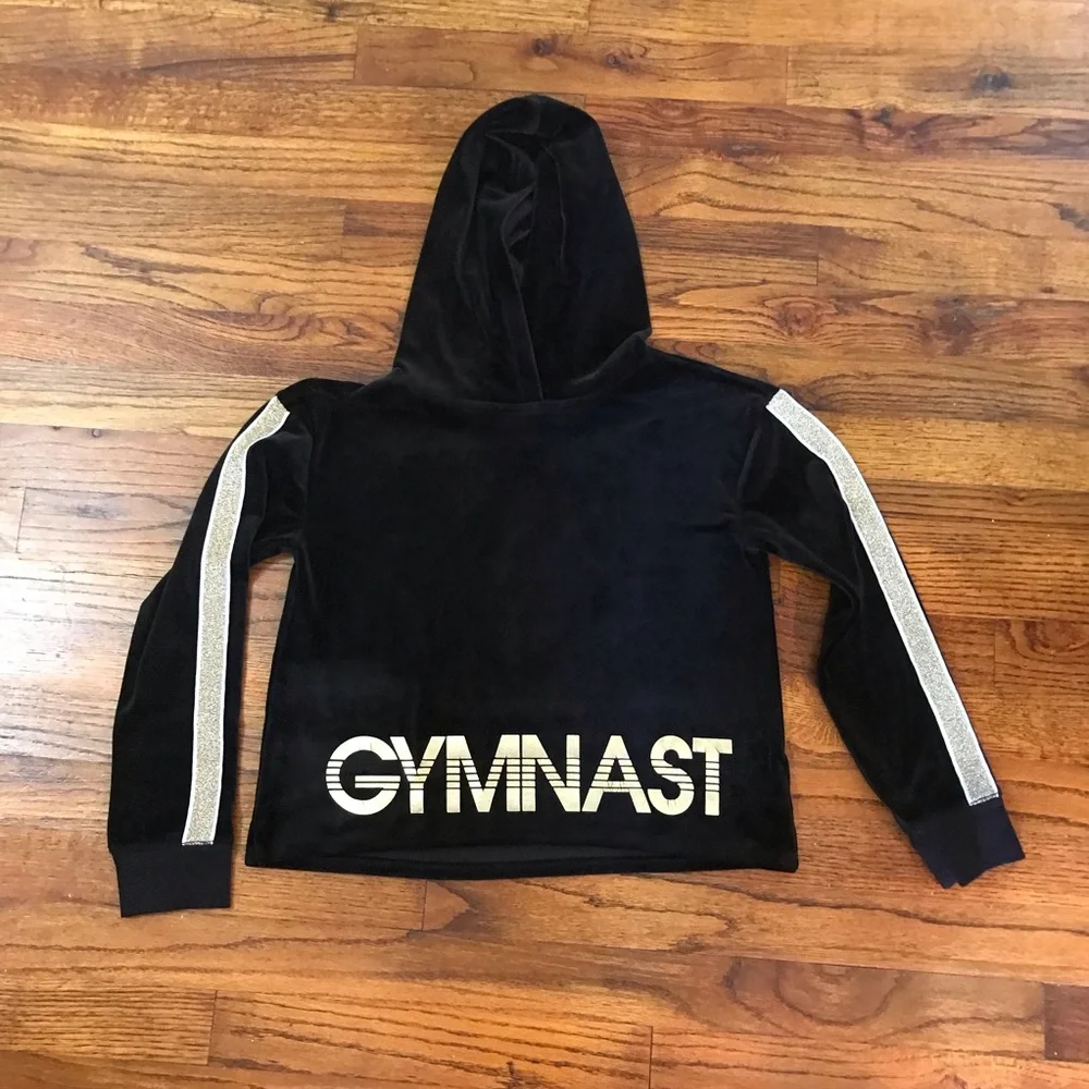 Girls Justice Active Gymnast Hooded Hoodie Blouse Top Black w/ Gold Graphics 10